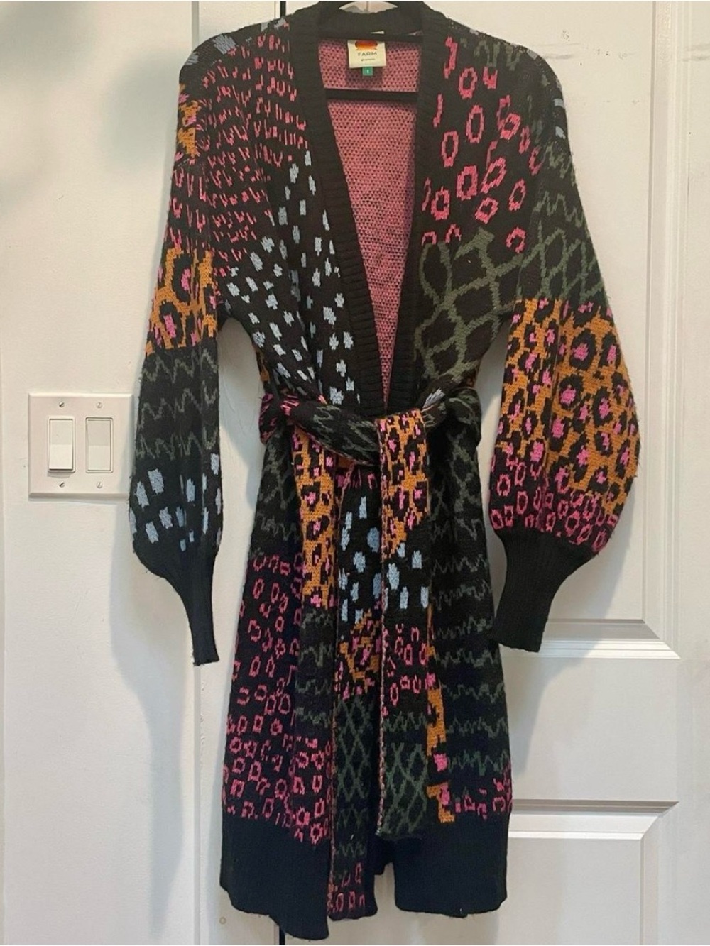 FARM Rio Black Multicolor Patterned Belted Cardigan